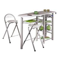 Inter Link Frolly 1 Mesa de Cocina con 2 taburetes de Bar MDF Blanco Metal Brillante Gris Plateado, Aluminio