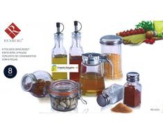 Renberg - Lote de 8 botellas y tarros para cocina (incluye aceitera y vinagrera, salero y pimentero, etc.)