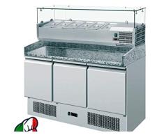 Banco pizza 3 sportelli refrigerato con piano in granito e vetrina portacondimenti 6xGN1/4