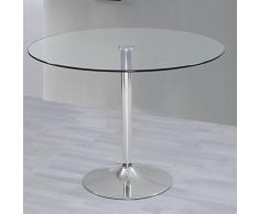 HOGAR24 Mesa de Salon Comedor Cocina Redonda de Cristal y Base de Metal Cromado
