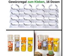 Práctico estante para especias para pegar, soporte para 16 botes de especias, montaje en armarios de cocina y azulejos de pared I para especieros con 3 – 4,5 cm de diámetro y 150 gramos