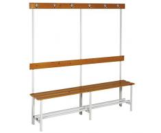 Banco de Vestuario Alto. Estructura Metálica y Asiento, Respaldo y Colgador en Madera Pino Barnizada. Med. 1745x1500x380 mm. Desmontado