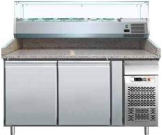 Banco de pizza refrigerado plano de granito con vitrina de 2 puertas
