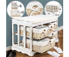 MIADOMODO Banco con 5 Cestas - 77x35,5x45cm, Madera, Fundas Tela - Banco con Cajones para Dormitorio, Entrada y Pasillo, Armario Auxiliar con Cestos para Almacenamiento, Mueble Vintage Estilo Shabby