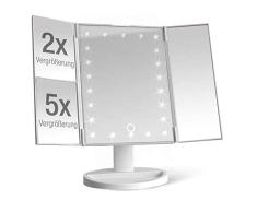 Espejo de maquillaje iluminado con 22 luces LED – Espejo de mesa plegable con 2 y 5 aumentos – Espejo de maquillaje giratorio 180° – Funciona con pilas o con cable USB