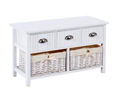 ts-ideen Banco para Pasillo estilo Country Blanco con 3 cajones y 2 cestas de mimbre
