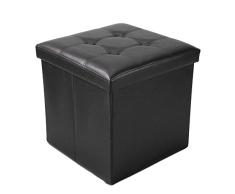 Todeco - Almacenamiento Banco, Almacenamiento Otomano Plegable de Cuero - Carga máxima: 150 kg - Material: Imitación de cuero - Acabado cosido y copetudo, 38 x 38 x 38 cm, Negro