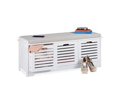 Relaxdays Banco Almacenamiento con 3 Cajones y Cojín, Recibidor, Cocina, DM-Poliéster, 1 Ud, 44 x 105 x 35 cm, Blanco, Gris
