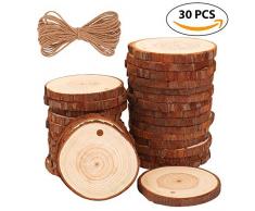 Rodajas de Madera Círculos 30pcs 6-7cm Fuyit Discos de Madera Rebanada + 10m Cuerda de Cáñamo Maderas Naturales Perforado Con Corteza de Árbol Para Manualidades DIY Artesanía Adornos Para Mesa,Boda,Na (30pcs 6-7cm)