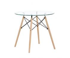 H.J WeDoo Cocina Mesa de Comedor Mesa de Cristal, Estilo escandinavo Ronda Mesa y Patas de Madera de Haya, 80 * 75 cm, Templado Cristal