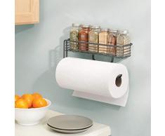 MetroDecor mDesign Portarrollos de Cocina – Soporte para Papel de Cocina, Fabricado en Metal y con Estante especiero Integrado – Práctico Organizador de Cocina – Gris