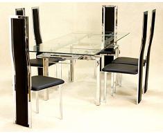 Coazze Mesa de comedor extensible de cristal, 6 sillas Troia, color negro
