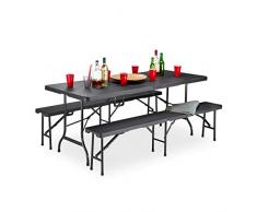 Relaxdays Conjunto Mesa y Bancos Jardín Plegables XXL, Negro, 73 x 179.5 x 74.5 cm