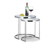 Relaxdays Set 2 Mesas Auxiliares Redondas, Cristal y Acero, Plateado, 51 X 50 X 50 cm