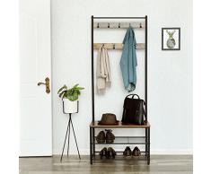 SONGMICS Perchero de Estilo Vintage, Perchero con Zapatero, Perchero con Banco para Pasillo, Organizador de Ropa con Ganchos, Marco de Metal Mate, 70 x 32 x 175 cm (Largo x Ancho x Alto), HSR41BX