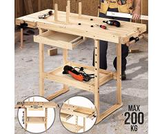 Banco de trabajo de madera de pino, con cajón y estante, 2 abrazaderas, 4 peldaños, carga máxima 200 kg – Mesa de Falegname, de taller