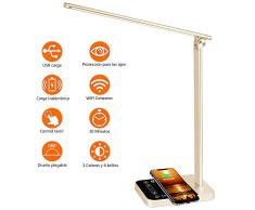 Lámpara Escritorio LED 6 Niveles de Brillo Regulable Cuidado Ojos y Puerto de Carga USB Lámpara de Mesa Inteligente con Pantalla Táctil y WIFI Compatible con Alexa y Google Assistant - Dorado