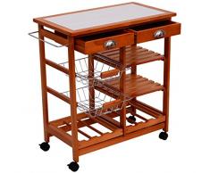 HOMCOM 2454140031 carrito cocina servicio auxiliar madera metal cromado ruedas cajon botellero
