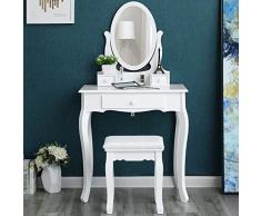 Songmics RDT004 - Tocador Mesa de Maquillaje con 3 Cajones, Espejo Oval, Taburete Acolchado, 70 x 40 x 130 cm