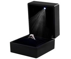 TRIXES Caja para Anillo – Caja para Joyas Cuadrada- para Anillo de Compromiso Boda - Elegante Vitrina con luz LED - Negra con Interior de Terciopelo - 6.5 x 6 x 5cm (L x A x H)