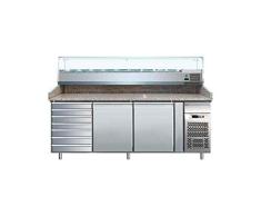 Banco pizza refrigerato con piano in granito e vetrina portacondimenti (Gn 1/3). Cm. 202