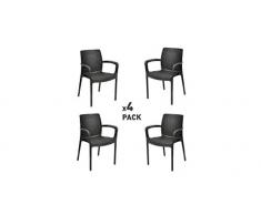 Keter Bali - Pack x4 Silla jardín para Interior y Exterior con resposabrazos Ideal para Jardines y terrazas, apilable, diseño de ratán Redondo, Color Grafito