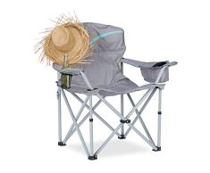 Relaxdays Silla Plegable de Camping con Posavasos, Aluminio y Poliéster, Gris, 96x93x61 cm