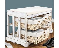 NOVA - Baúl con Banco con 5 cestas Trenzadas, 77/35,5/45 cm, Madera de Paulownia, con cojín, Estilo Shabby, Color Blanco - Cómoda, mesita de Noche con cestas