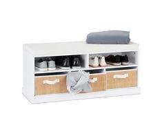 Relaxdays Banco Zapatero con Cojín, 3 Cestos y 2 Compartimentos Abiertos, DM, Tela y Espuma, Blanco, 43 x 95 x 34,5 cm, MDM