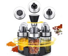 Janolia Juego de Soporte especias, Especiero Giratorio, 6 Botes de Vidrio para Condimentos, Botes para Especias con Tres diferentes Tapas, Recipientes para Aceites, Sal, Piper Nigrum
