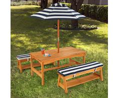 KidKraft 106 Juego de mesa y 2 bancos de madera para niños con sombrilla y cojines, muebles para jardín y exterior al aire libre - Rayas azul marino y blancas