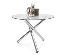 Mesa de Comedor Redonda Brisa sobre de Cristal Templado Transparente y Base de Metal Pulido Acabado Brillo (Cristal Canto Redondo, 100x100 cm)