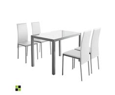 MOMMA HOME Conjunto de Mesa y Sillas Melbourne - con 4 Sillas - Mesa Fija - con Encimera de Cristal - para Salón y Cocina - Muy Elegante - Diseño Moderno Color Blanco