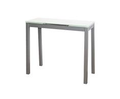 MOMMA HOME Mesa de Cocina Extensible - Modelo Novi - Color Blanco/Plata - Material Cristal Templado/Metal - Medidas 85/135 x 40 x 76 cm