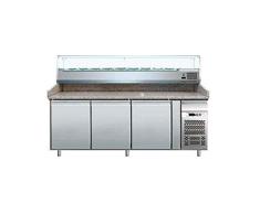 Banco pizza refrigerato con piano in granito e vetrina portacondimenti (Gn 1/4). Cm. 202