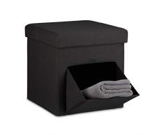 Relaxdays Taburete Almacenaje, Puff Asiento Almacenamiento, Reposapiés, con Tapa y Puerta, Lino, 1 Ud, 38 x 38 cm, Negro