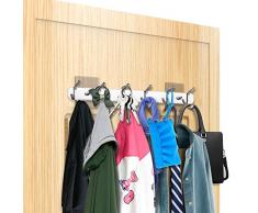 Perchero para encima de la puerta de acero inoxidable, con almohadillas adhesivas mágicas, ajustable según el crecimiento de tu hijo, 6 ganchos, acero inoxidable