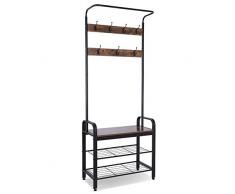 Perchero con Zapatero de Estilo Industrial, Perchero Entrada Metálico para Zapatos Colgador Perchero con Banco Estante de Pasillo Multifuncional con 9 Ganchos y Estantes para Bolsas, 72 x 34 x 182cm