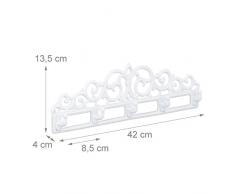 Relaxdays Perchero Pared, Colgador Llaves, 5 Ganchos, Barroco, Rústico Vintage, Hierro Fundido, 13,5 x 42 x 4 cm, Blanco