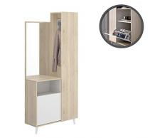 HABITMOBEL Recibidor Zapatero con Espejo, Mueble Entrada Acabado en Blanco y Natural, Medidas: Alto 197cm. Ancho 87cm.
