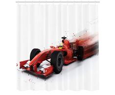 ABAKUHAUS Coches Cortina de Baño, Formula 1 Auto Racing, Estampa Digital Tela Lavable Antibacterial Set de 12 Ganchos, 175 x 200 cm, Negro Rojo