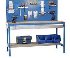 Banco de trabajo BT2 con cajón Simonwork Azul/Madera Simonrack 1445x1210x610 mms - Banco de trabajo con panel - mesa de bricolaje 600 Kgs de capacidad por estante
