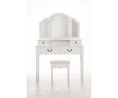 CLP Tocador romántico FILINA 100x40 cm, mesa de maquillaje con 3 espejos y taburete tapizado de estilo colonial blanco
