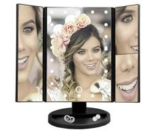 Espejo de Maquillaje con 22 Luz Led y Aumentos x1 x2 x3 Negro o Blanco, para Mesa, Sobremesa o Escritorio | Espejo Tocador Lupa Zoom con Rotación 180° Luces Intensidad Regulable Carga USB o Batería