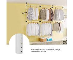 EBTOOLS Perchero de Ropa Telescópico, Carril de Ropa de Acero Resistente Barra para Colgar Ropa en Dormitorio Sistema de Perchero Extensible con 2 PP Hookes