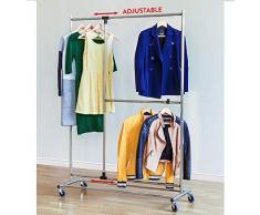 Tatkraft Marvel Perchero Burro de Ropa Resistente, Colgador de Doble Barra con Ruedas para Colgar Ropa, Regulable de Acero Cromado, 116x49x188 cm