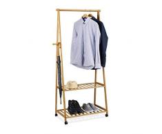 Relaxdays Perchero Ruedas, Burro Ropa con 2 Estantes para Zapatos, Colgador, 1 Ud, Bambú, 166 x 84 x 45 cm, Marrón