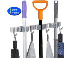 POPRUN Colgador de Escobas y Fregonas Adhesivos Pared, Acero Inoxidable Organizador Soporte de Escobas y Fregonas para Hogar, Cocina, Garajes, 3 Posiciones y 4 Ganchos, Gris