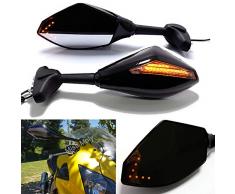 Negro Motocicleta Señal de giro Espejo Retrovisor con Indicador LED de Flecha para CBR GSXR YZF(Negro Brillante + Lente de Humo)