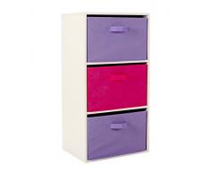Rainbow Colorido Tejido, 3 cajones de Almacenamiento Cubos Estante de exhibición, Marco Blanco + niños niños Juguete Pecho, Madera, Rosa y Morado, W40 x D28.5 x H76.8 cm